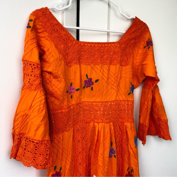 Vintage Boho Embroidered Floral Orange Maxi Dress Bell Sleeves Small - Picture 2 of 16